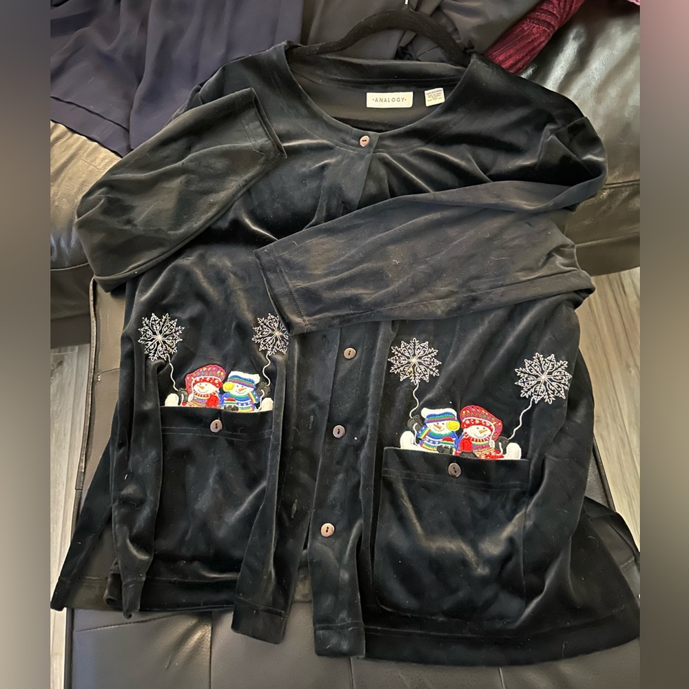 Analogy Black Velour Cardigan with embroidered snowmen and snowflake accents